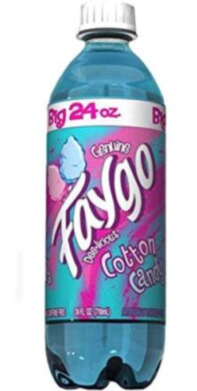 A 24 oz bottle of Faygo Delicious Cotton Candy soda, featuring a bright blue liquid and a colorful label with pink, purple, and white graphics.