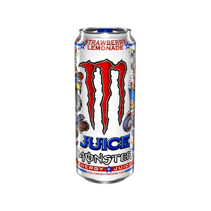 Monster Energy Drink can with strawberry lemonade flavor on a white background