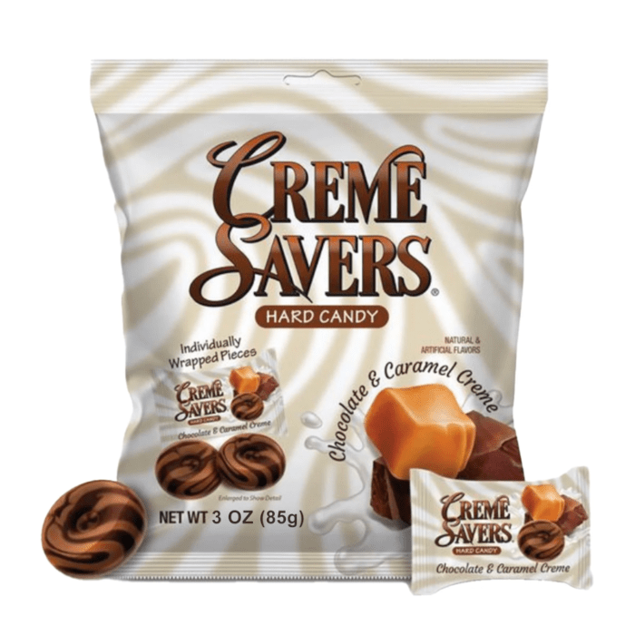 Creme Savers Chocolate & Caramel Creme Hard Candy 85g front pack on white background