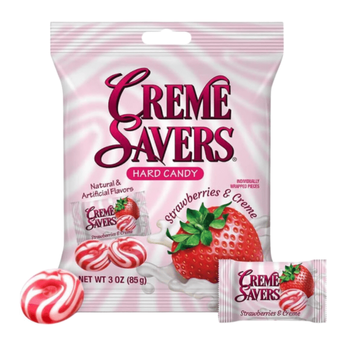 Creme Savers Strawberries & Creme Hard Candy 85g front pack on white background