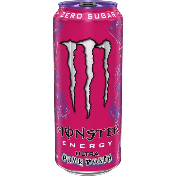 Pink can of Monster Energy Ultra Punk Punch on a white background