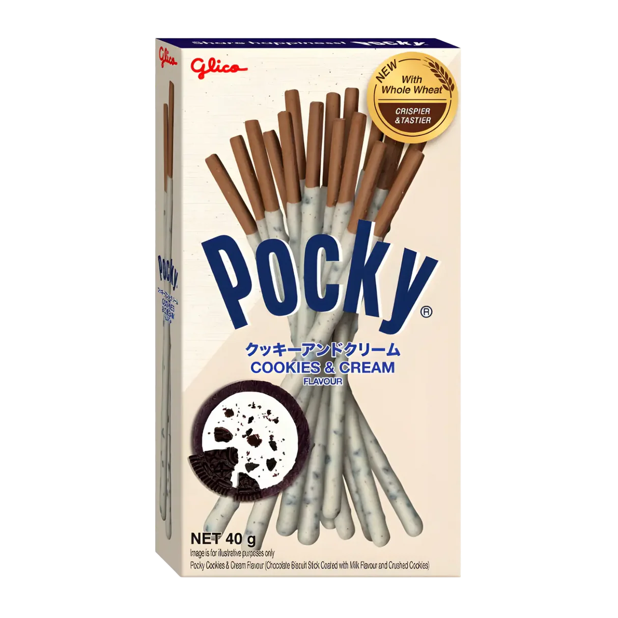Box of Pocky Cookies & Cream flavor on a white background