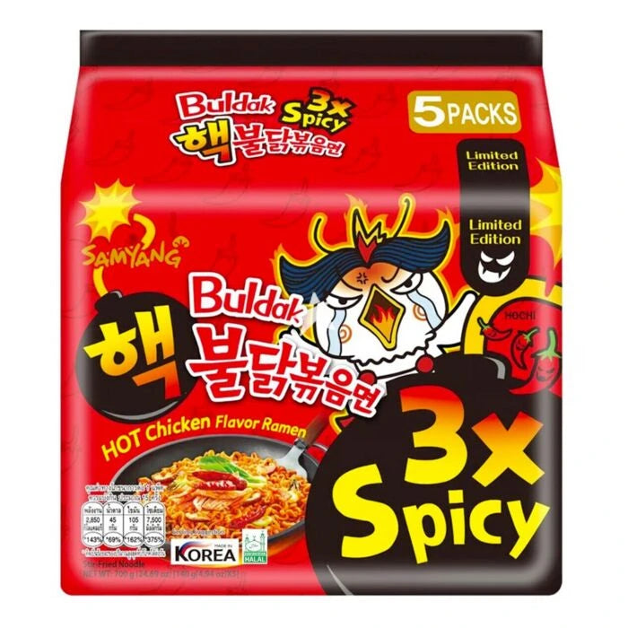 Packaging of Samyang Hot Chicken Flavor Ramen with 3x Spicy label on a white background