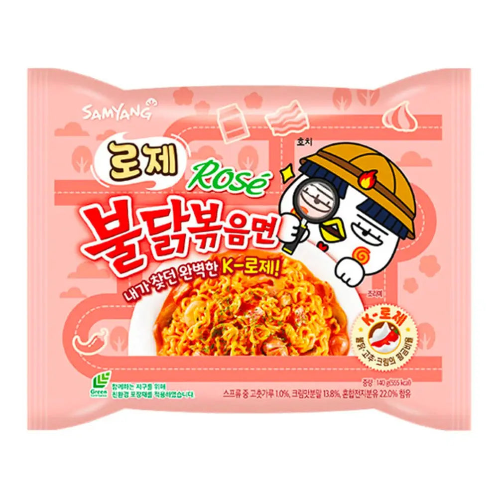 Samyang Rojeul Buldak Bokkeum Myun packaging with a cartoon character on a pink background