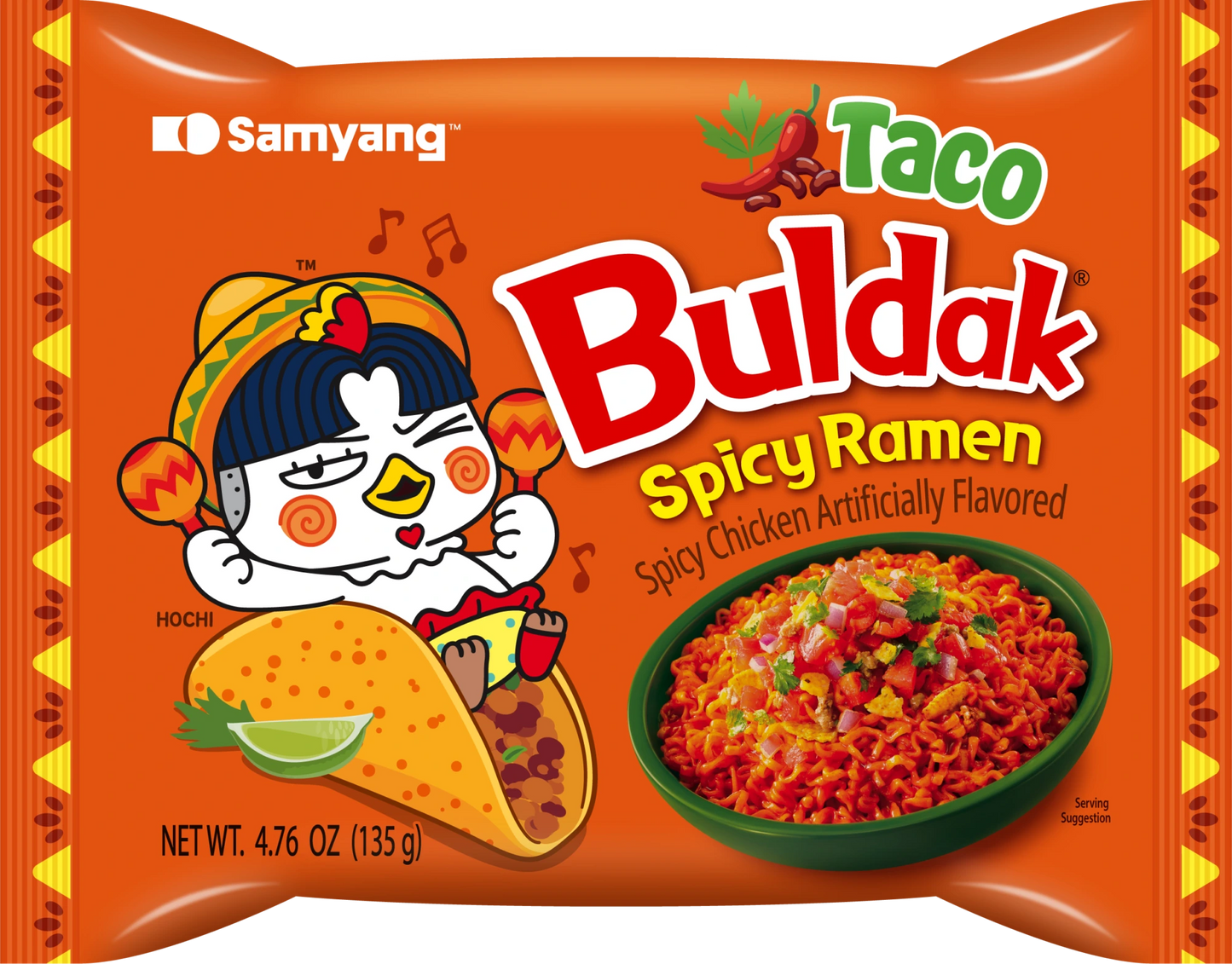 Samyang Taco Buldak Spicy Ramen packaging with cartoon character and noodle bowl illustration.