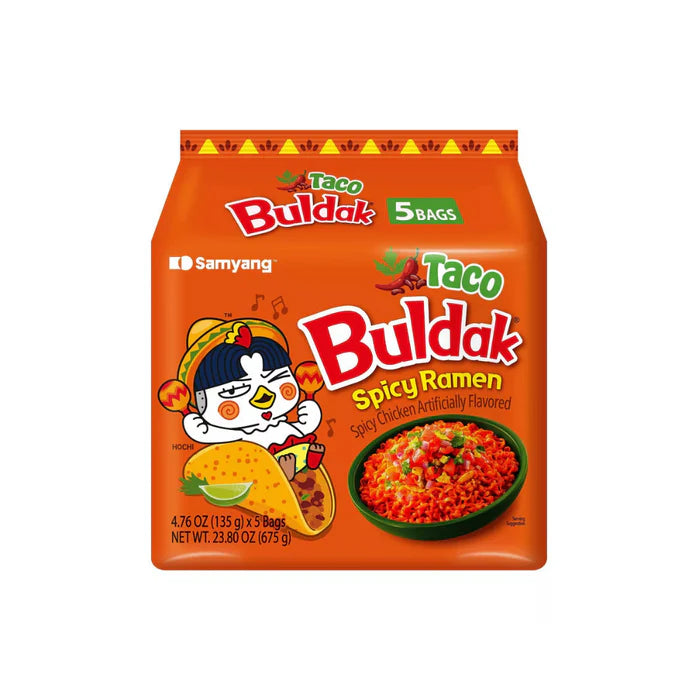 Packaging of Taco Buldak Spicy Ramen with Samyang branding on a white background