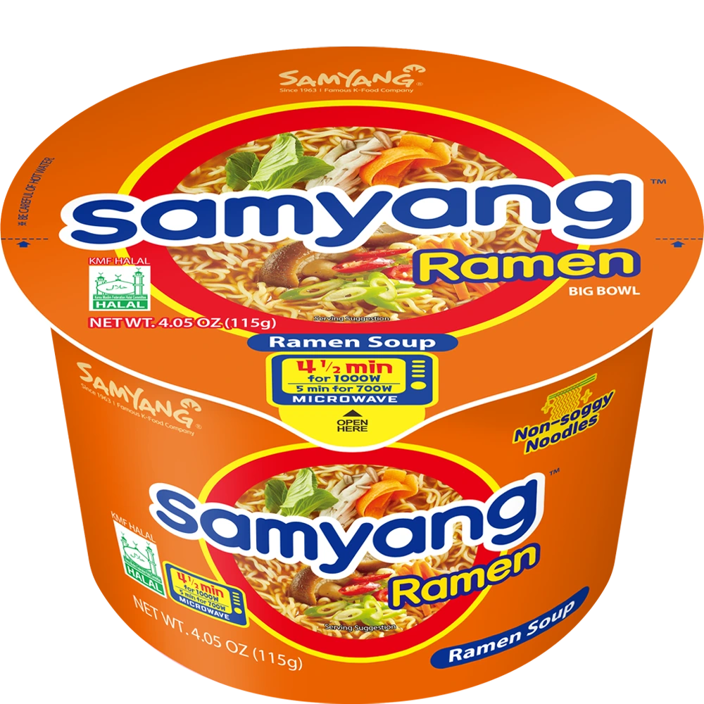 Samyang Ramen packaging with noodles and vegetables on a white background