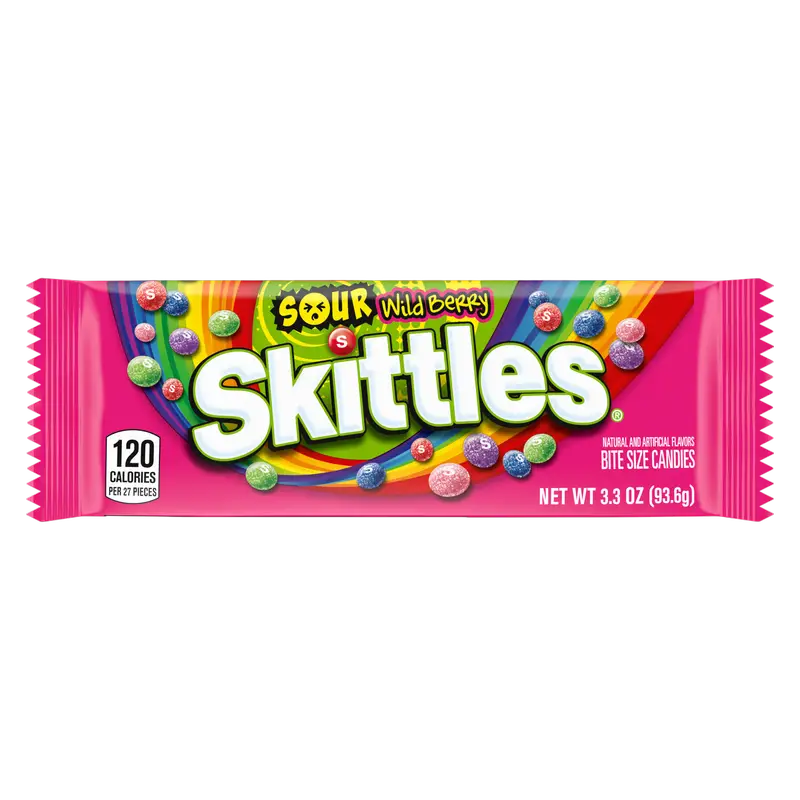 Skittles Sour Wild Berry candy package on a white background