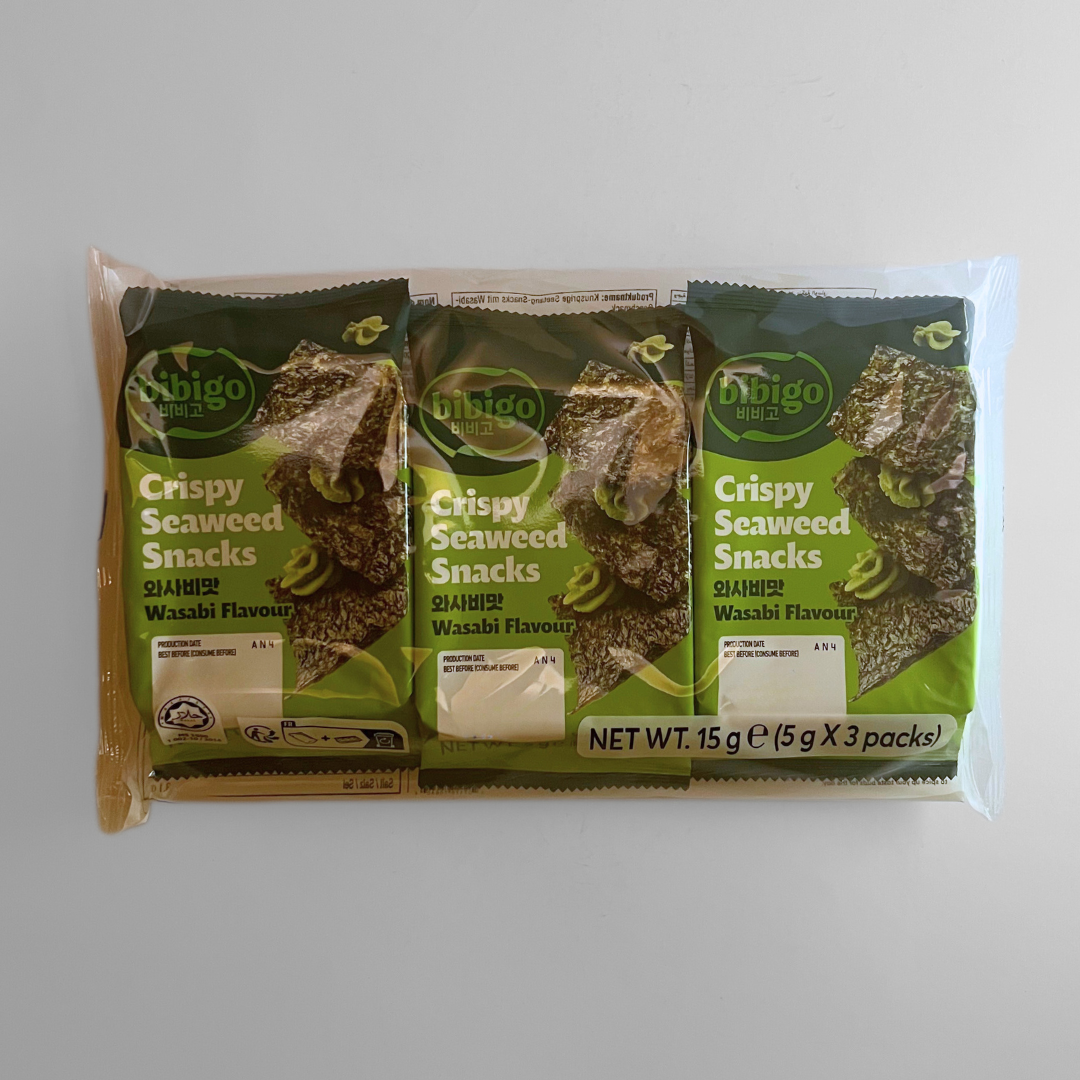 Bibigo Crispy Seaweed Snacks Wasabi 15g (3 x 5g) front of pack