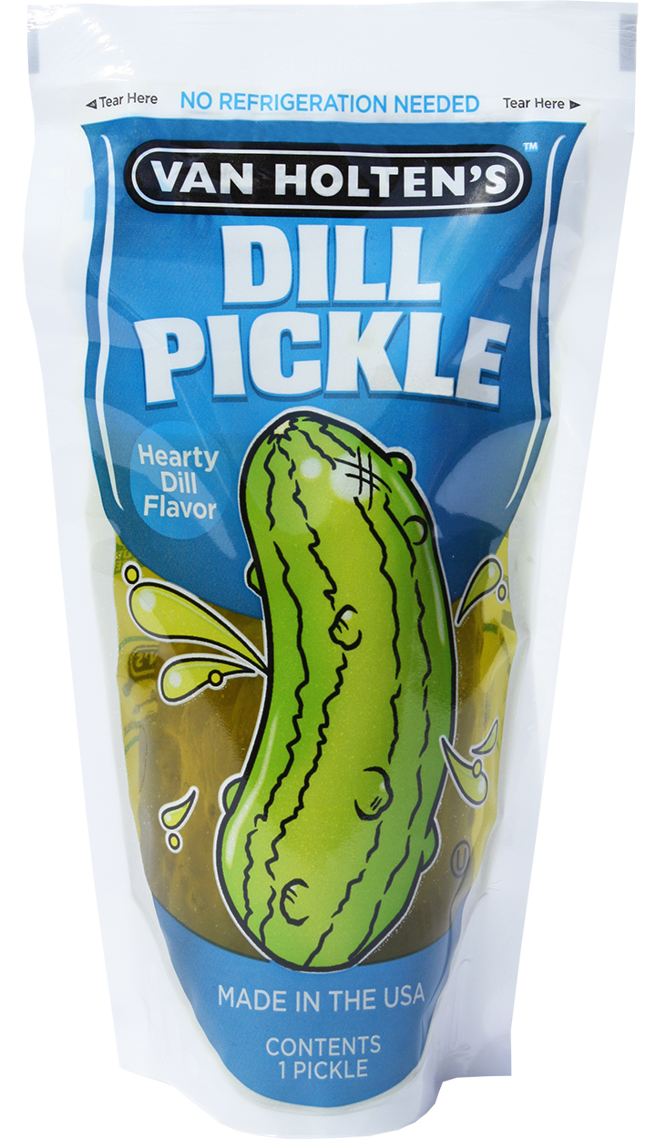 One Van Holten's Hearty Dill Pickle in-a-Pouch, front of individual pack