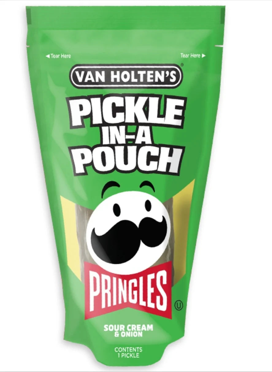 Green Pringles pickle in a pouch packaging with Van Holten's branding.