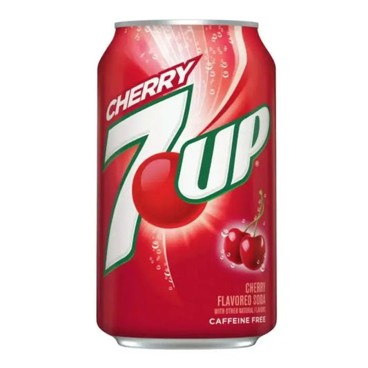 Red can of Cherry 7-Up with cherry graphics on a white background