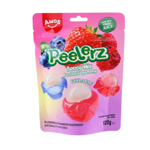 Packaging of Amos Peelorz Berry Mix gummy candies on a white background