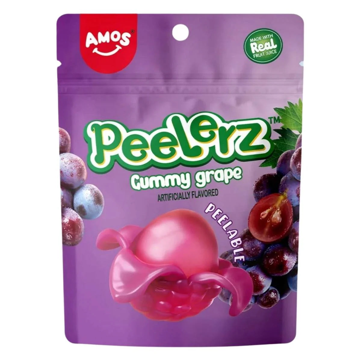 Purple package of Amos Peelers Gummy Grape on a white background
