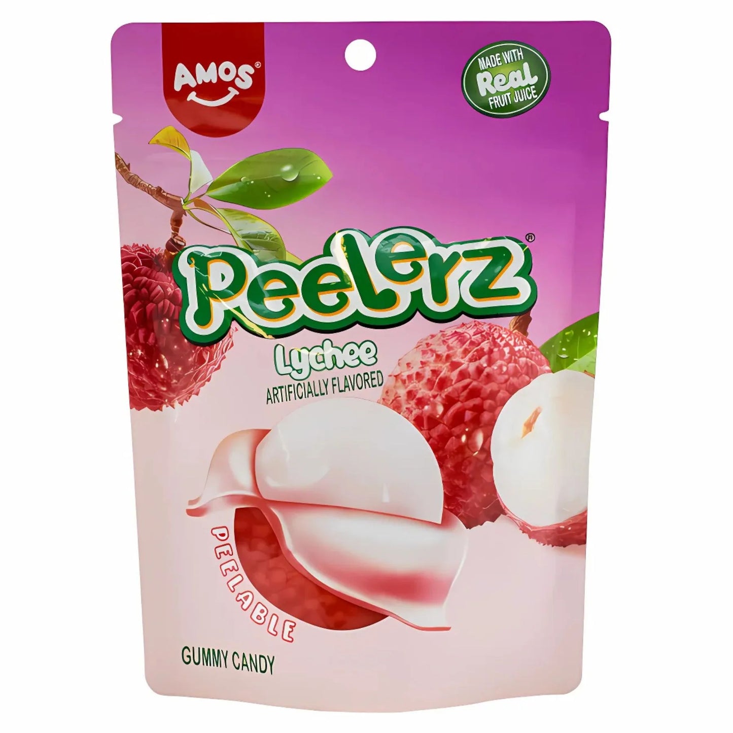 Packaging of Amos Peelerz Lychee gummy candy with lychee graphics on a white background