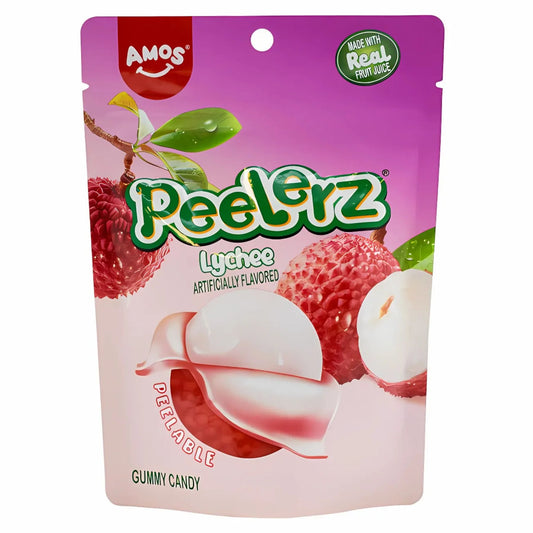 Packaging of Amos Peelerz Lychee gummy candy with lychee graphics on a white background