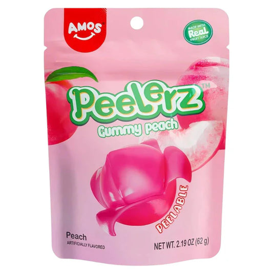 Pink package of Amos Peelerz Gummy Peach candy on a white background