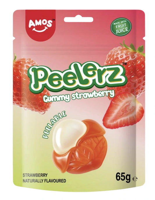 Packaging of Amos Peelerz Tummy Strawberry gummy candy with strawberries on a pink background.