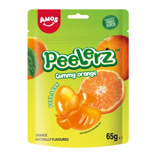 Packaging of Amos Peelerz Gummy Orange on a white background