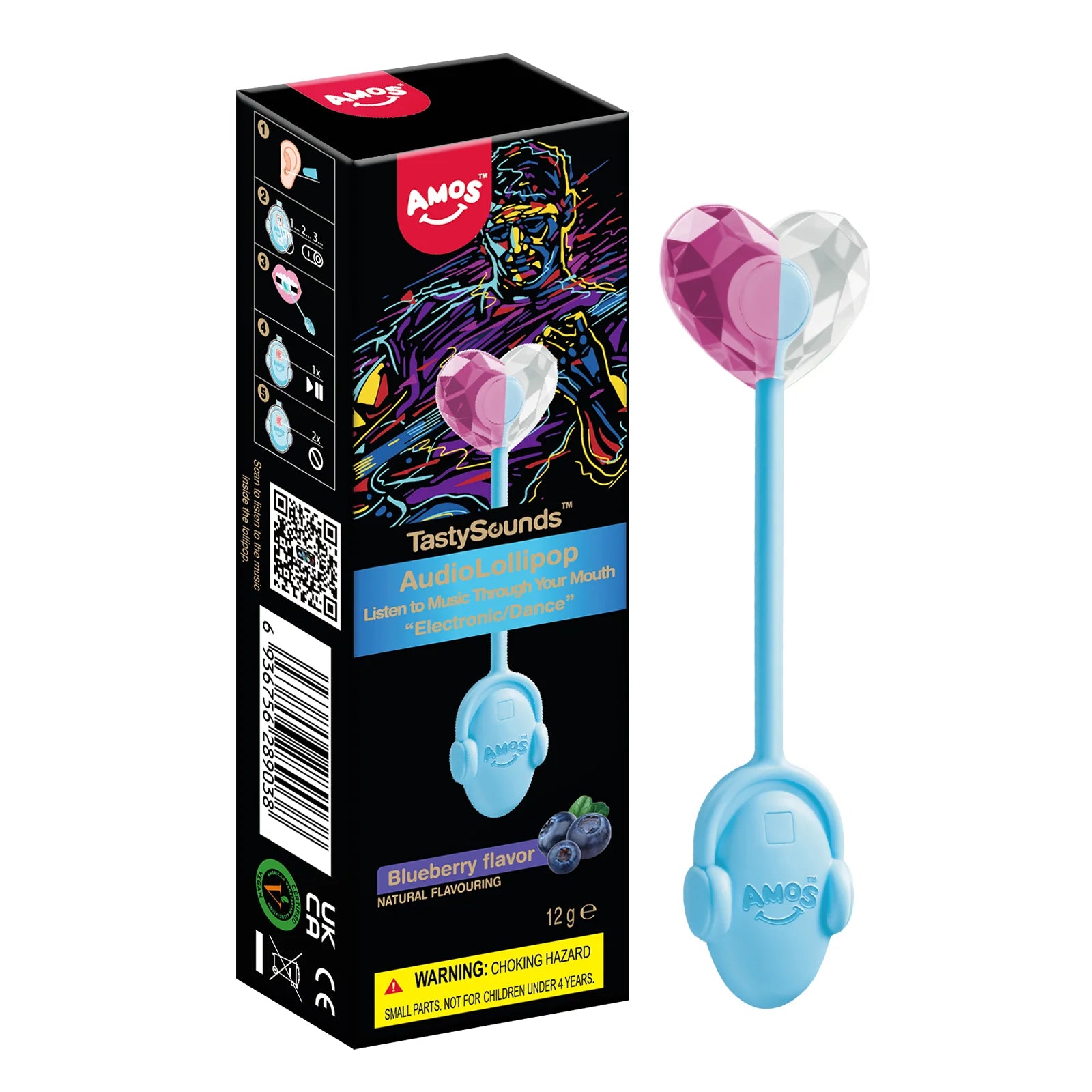 Blue and pink lollipop-shaped toy with 'AMOS' branding and packaging on a white background