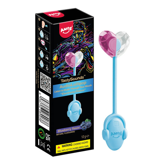 Blue and pink lollipop-shaped toy with 'AMOS' branding and packaging on a white background