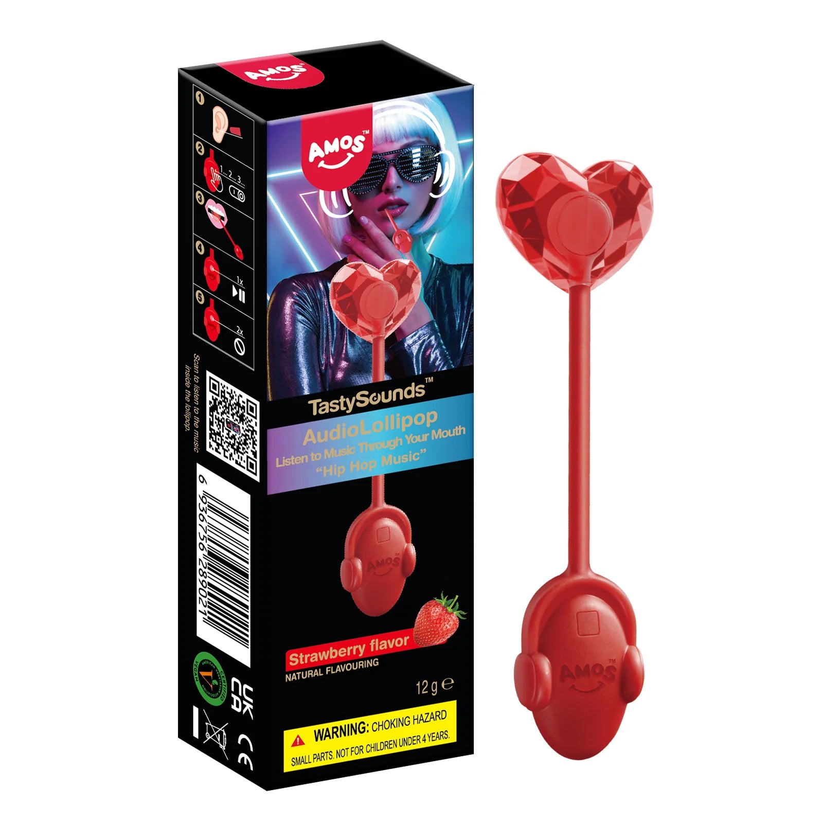 Red audio lollipop with packaging displaying 'Amos' branding on a white background