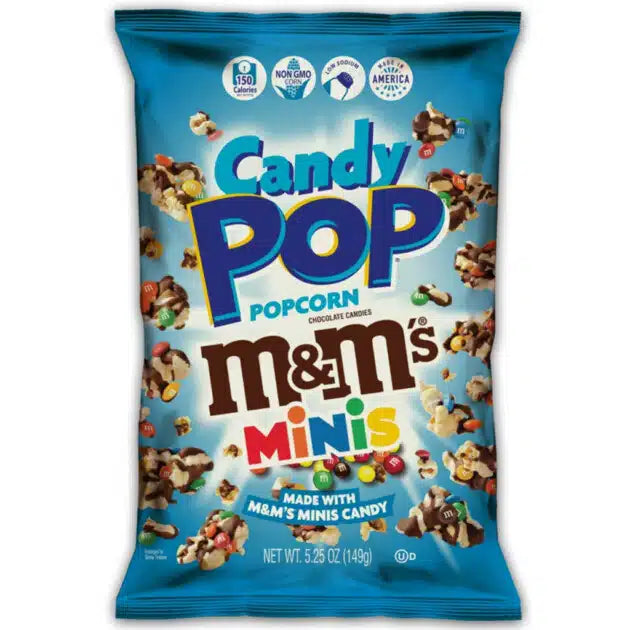 Candy Pop popcorn m&m's minis packaging with blue background