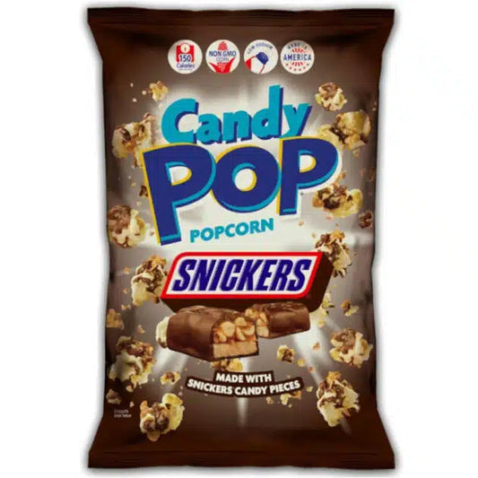 Candy Pop Snickers popcorn package on a white background