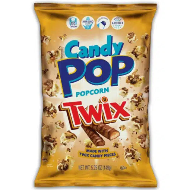 Packaging of Candy Pop Popcorn Twix on a white background