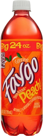 A 24 oz bottle of Faygo Delicious Peach soda, featuring its signature bright orange-red liquid and a white cap, set against a plain white background.
