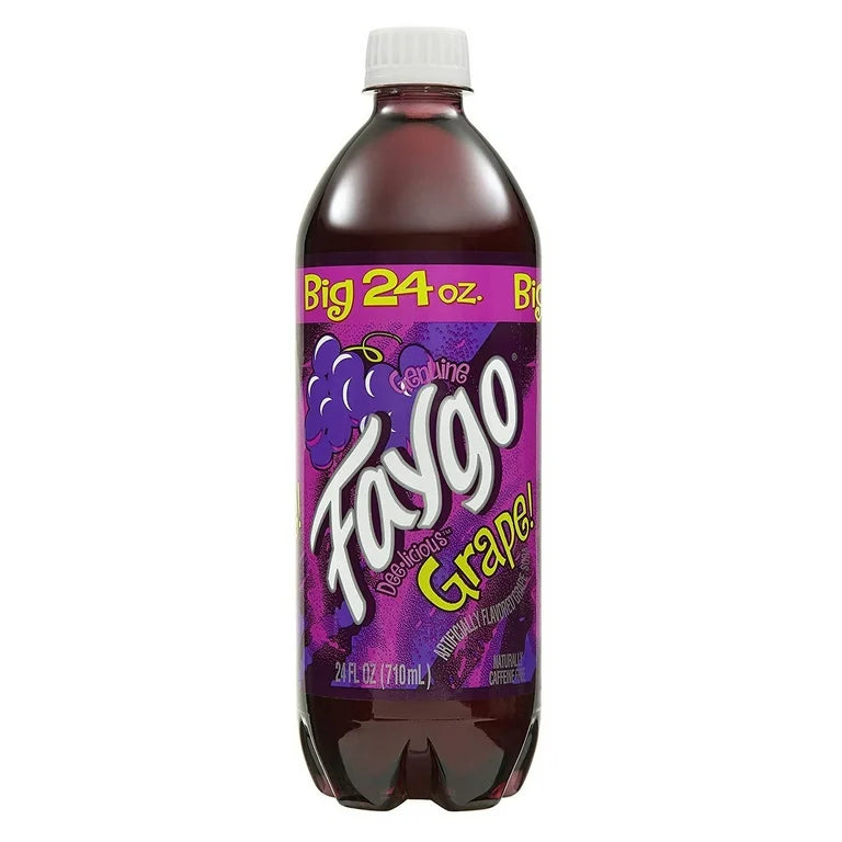 Faygo Grape soda bottle with purple label on a white background