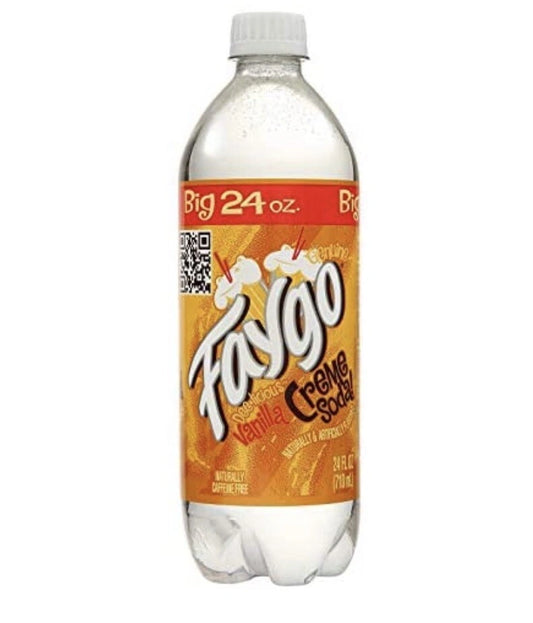 A 24 oz plastic bottle of Faygo Vanilla Creme Soda with a white cap and a bright orange label, shown on a plain white background.