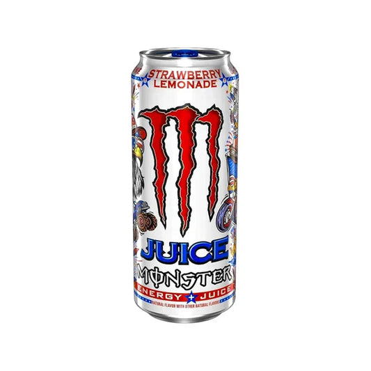 Monster Energy Drink can with strawberry lemonade flavor on a white background