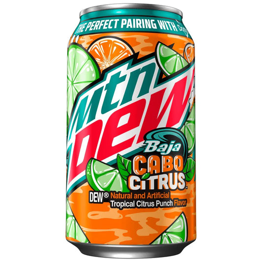 Mountain Dew Baja Cabo Citrus can with tropical fruit graphics on a white background