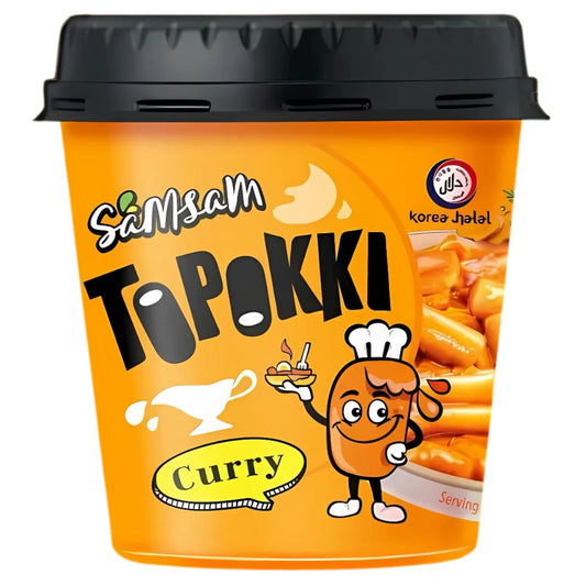Orange container of Samsam Topokki Curry with cartoon character on a white background