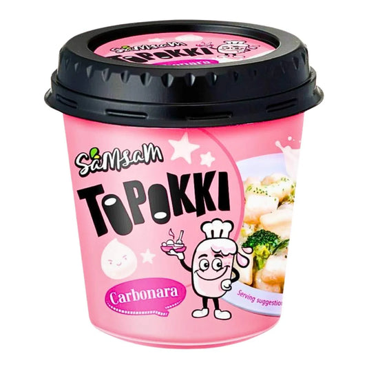 Pink container of Samsam Topokki Carbonara with black lid on a white background