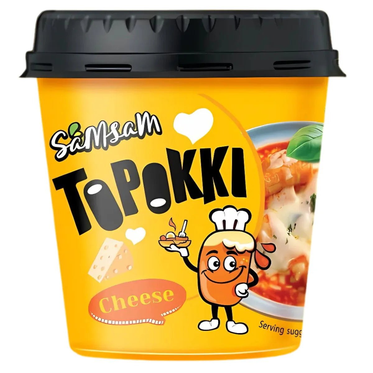 Yellow container of Samsam To Pokki Cheese with a cartoon character on a white background