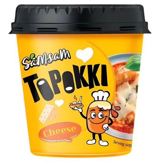 Yellow container of Samsam To Pokki Cheese with a cartoon character on a white background