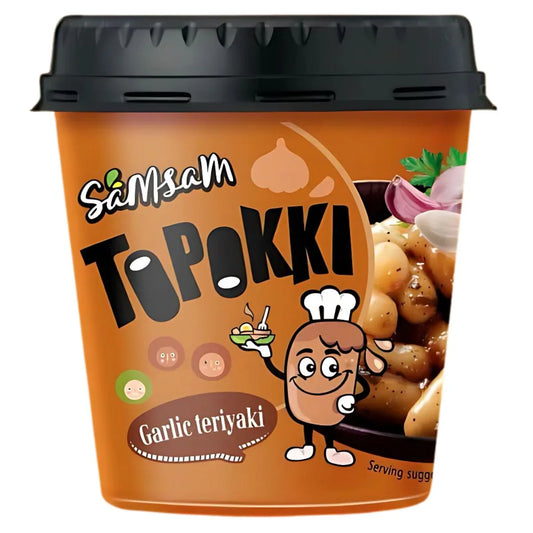 Samsam To Pokki Garlic Teriyaki snack container with cartoon character on an orange background