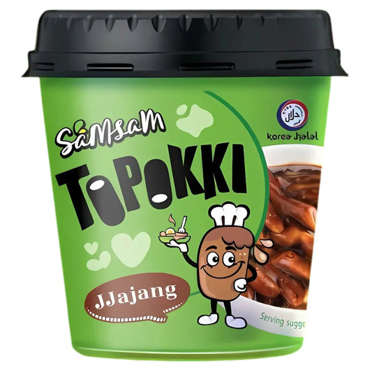Green container of Sámsaåm To Pokki Jjajang with cartoon character on a white background