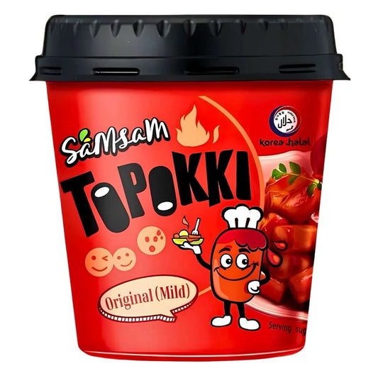 Red container of Samsam Topokki with black lid on a white background