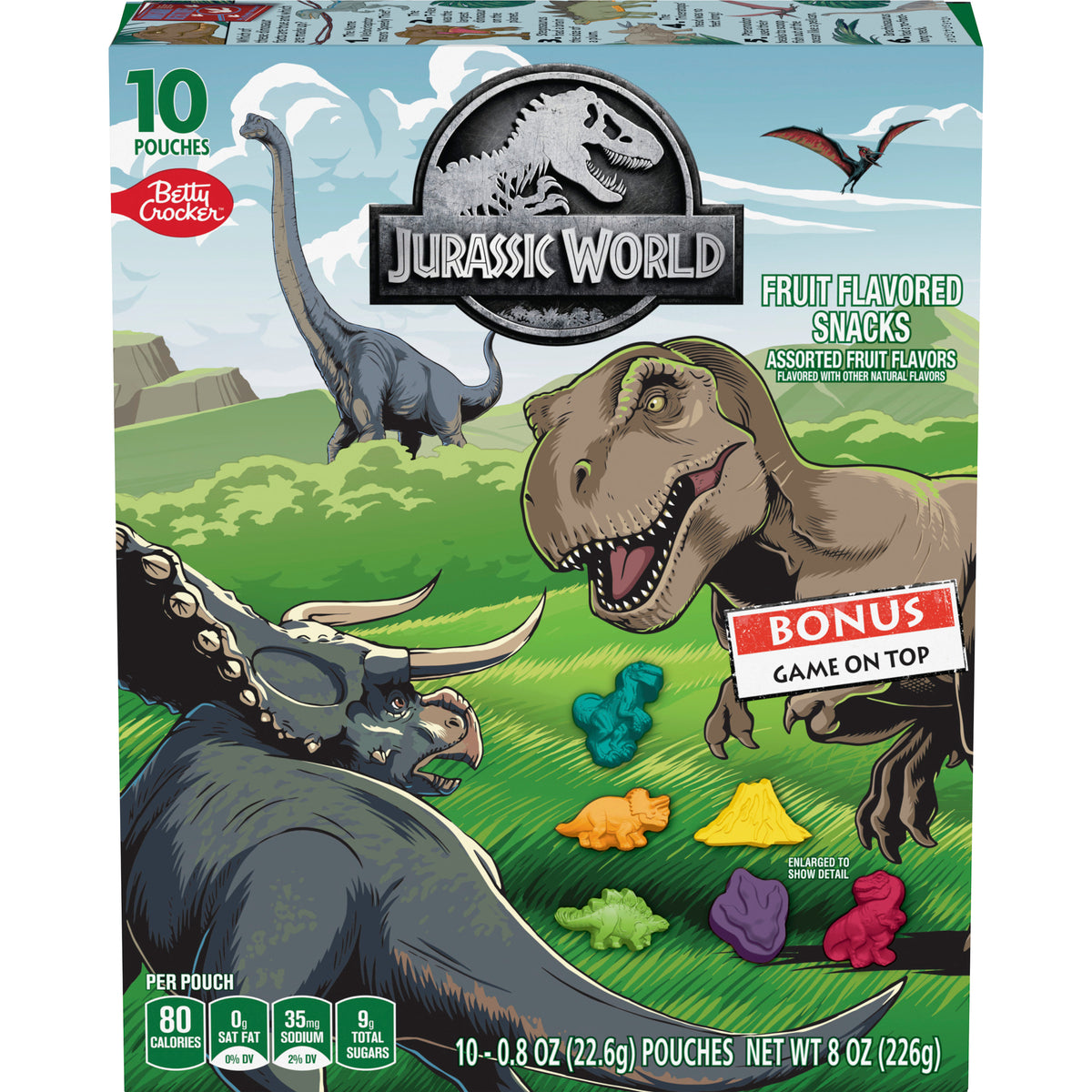 Betty Crocker Jurassic World Fruit Flavored Snacks 10-pouch 226g box on white background