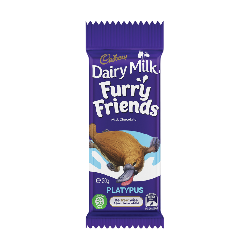 Cadbury Dairy Milk Furry Friends Platypus 20g wrapper on white background