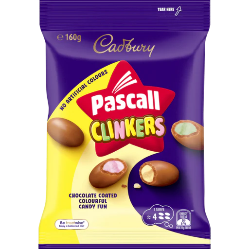 Packaging of Cadbury Pascall Clinkers chocolate-coated candies on a white background