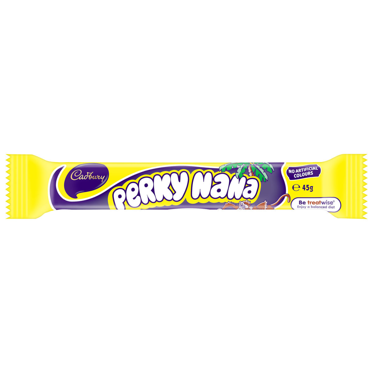 Cadbury Perky Nana 45g yellow chocolate bar wrapper on white background