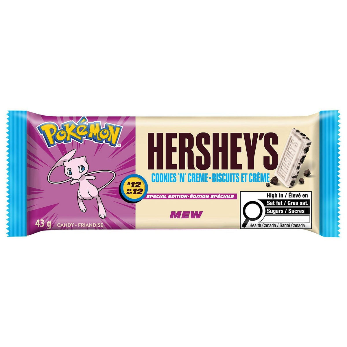 Hershey's Pokémon Cookies 'n' Creme 43g bar front pack; character wrapper may vary