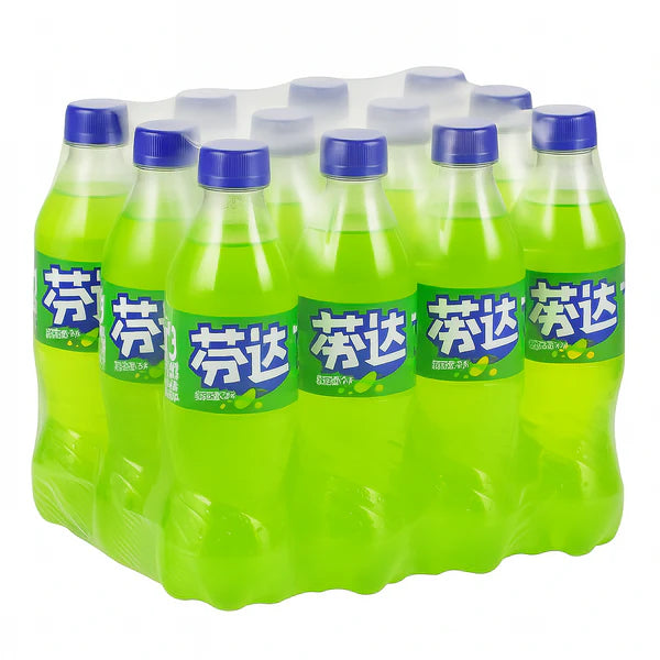 Pack of green bottles with blue caps on a white background