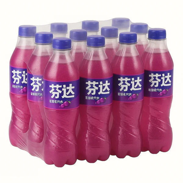 Case of pink bottles with blue caps on a white background