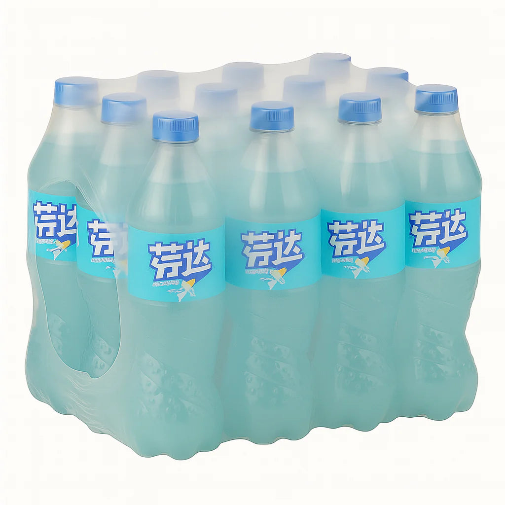 Pack of blue bottles with blue caps and visible brand name on a white background