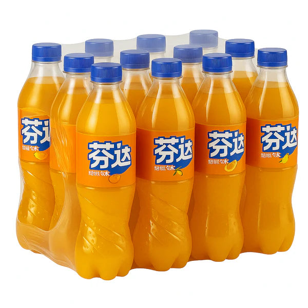 Pack of Fanta bottles with blue caps on a white background
